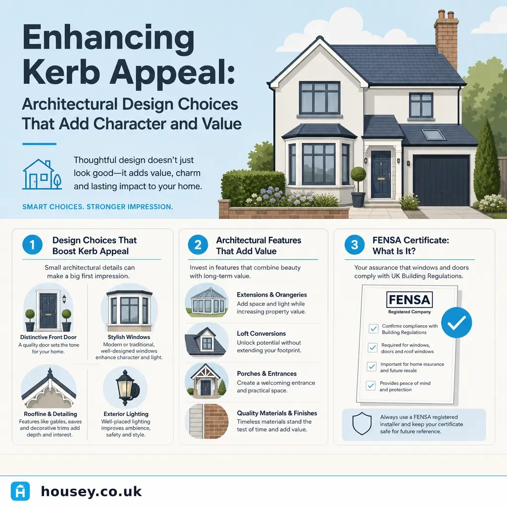 Infographic illustrating: Enhancing Kerb Appeal: Architectural Design Choices That Add Character and Value