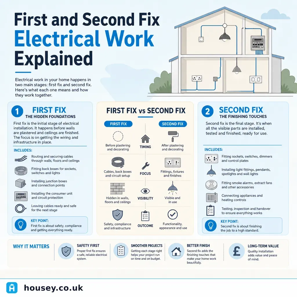 Infographic illustrating: First and Second Fix Electrical Work Explained