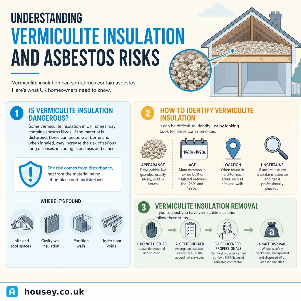 Infographic illustrating: Understanding Vermiculite Insulation and Asbestos Risks