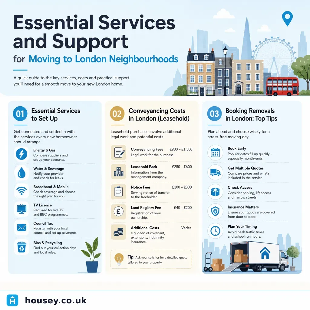 Infographic illustrating: Essential Services and Support for Moving to London Neighbourhoods