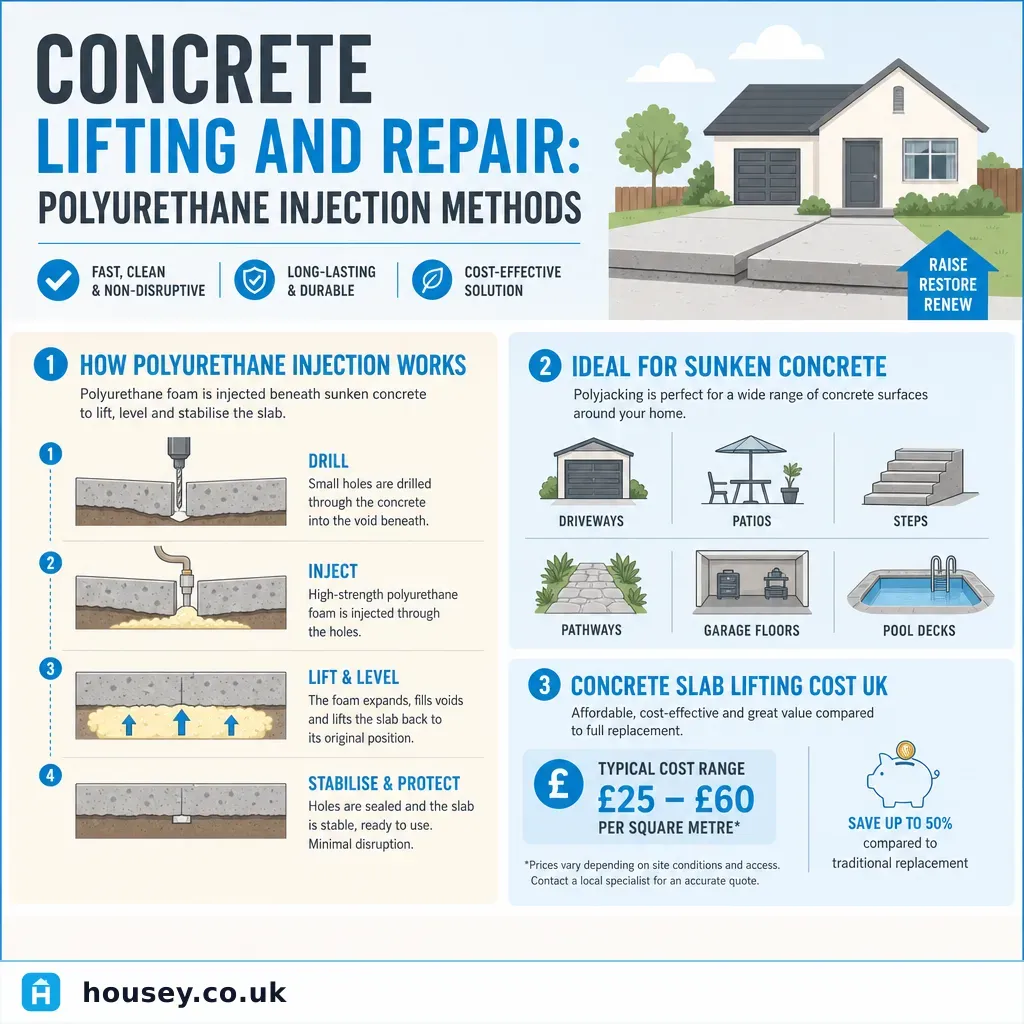 Infographic illustrating: Concrete Lifting and Repair: Polyurethane Injection Methods