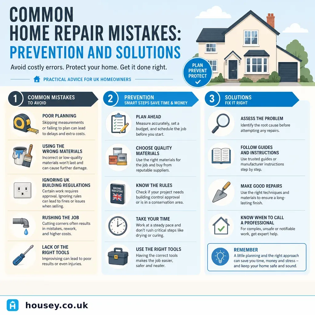 Infographic illustrating: Common Home Repair Mistakes: Prevention and Solutions