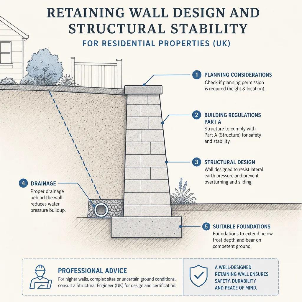 Diagram illustrating: Retaining Wall Design and Structural Stability for Residential Properties