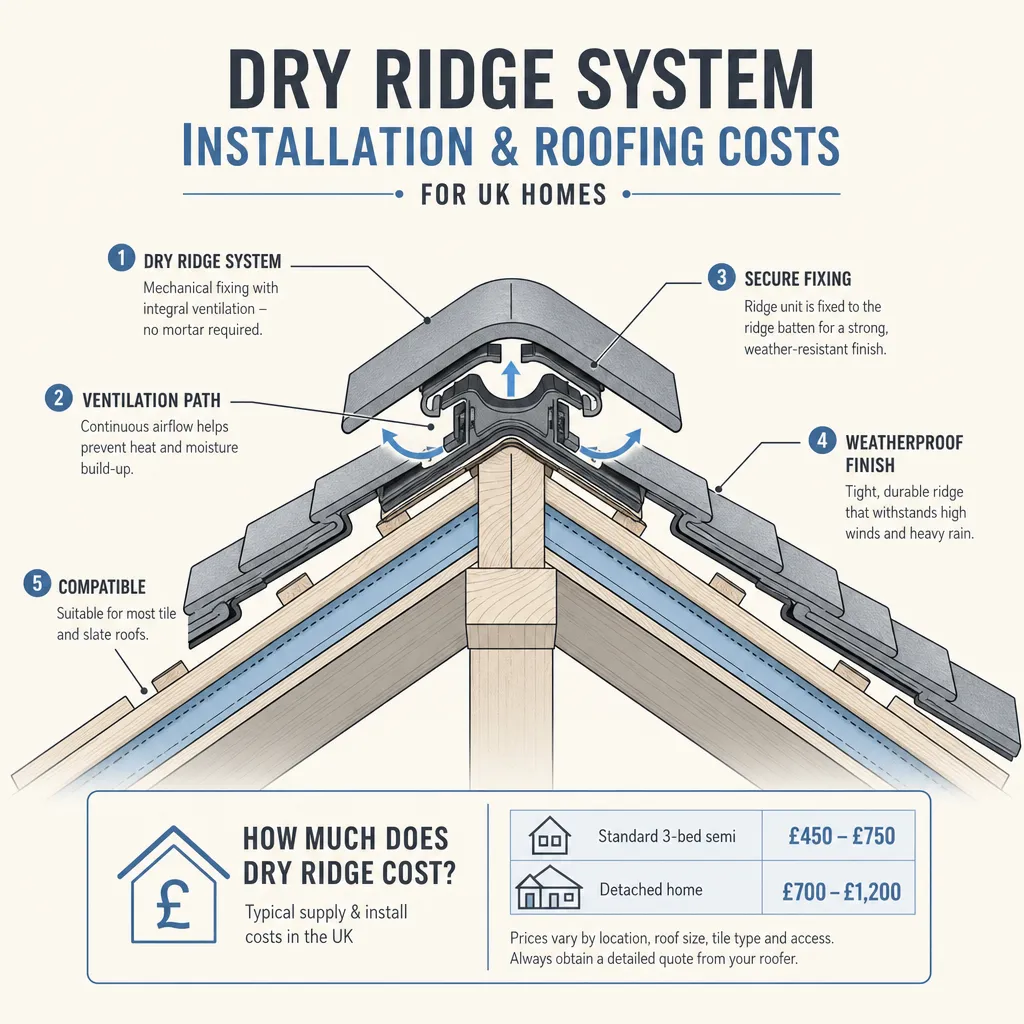 Diagram illustrating: Dry Ridge System Installation and Roofing Costs