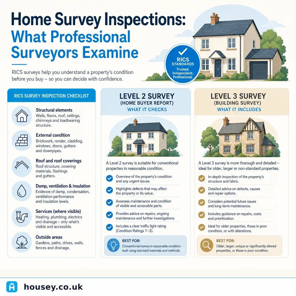 Infographic illustrating: Home Survey Inspections: What Professional Surveyors Examine
