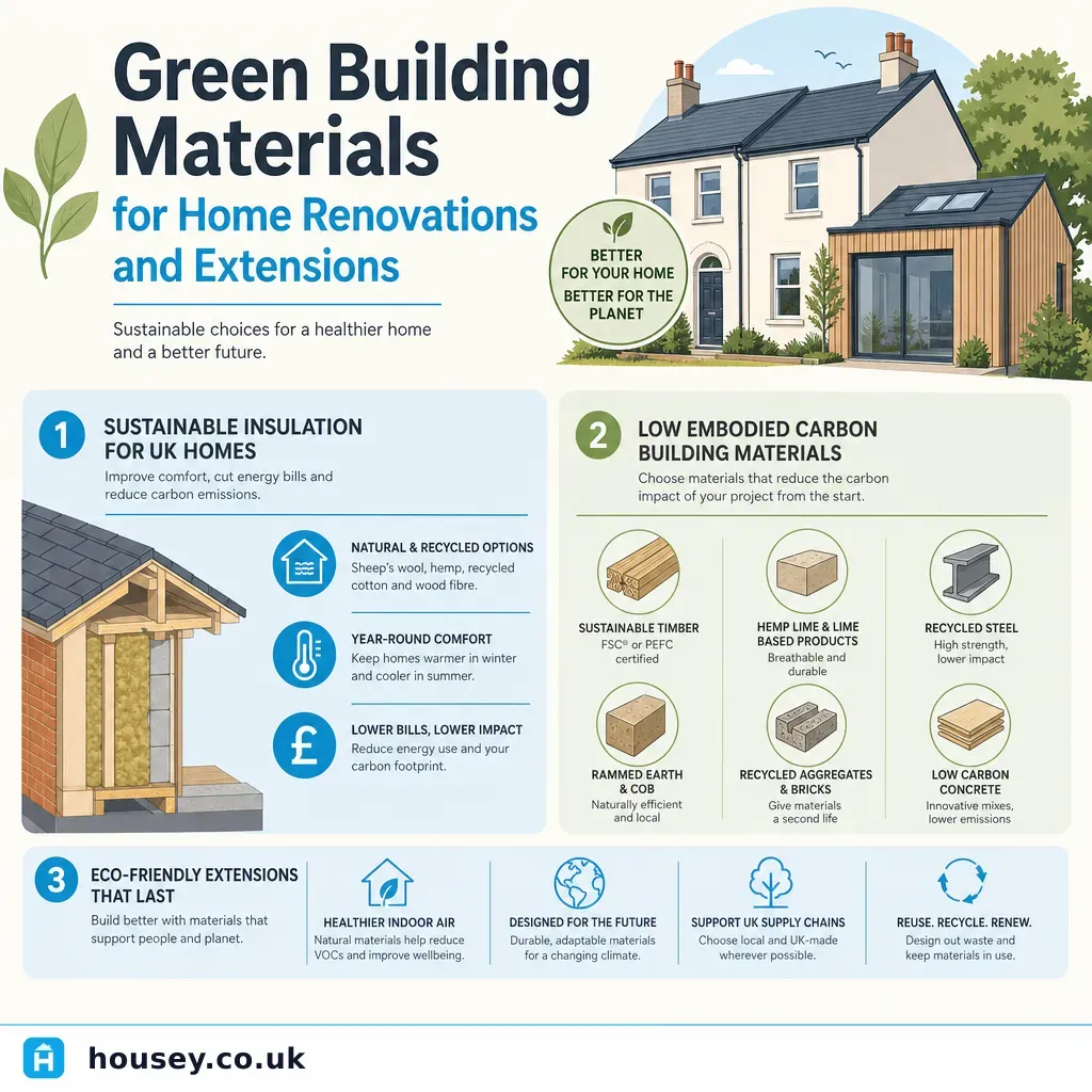 Infographic illustrating: Green Building Materials for Home Renovations and Extensions