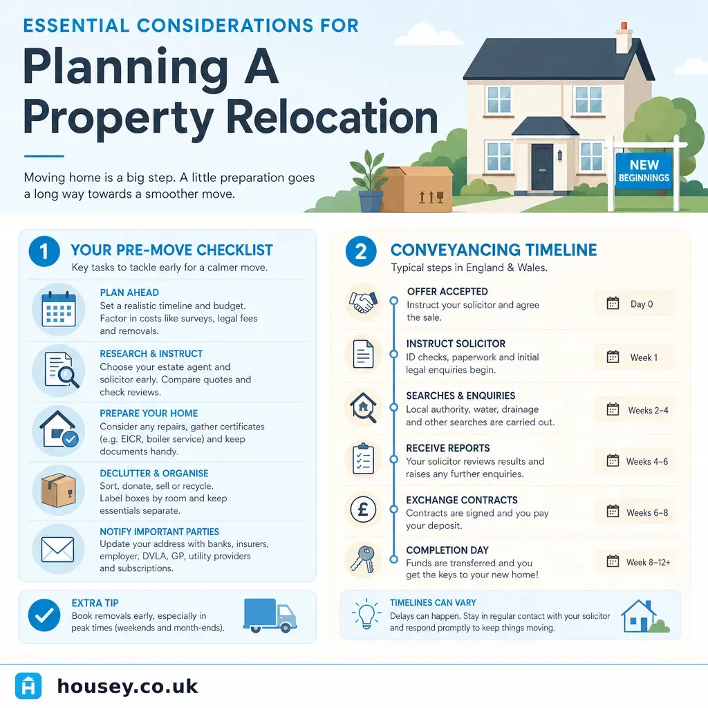 Infographic illustrating: Essential Considerations For Planning A Property Relocation