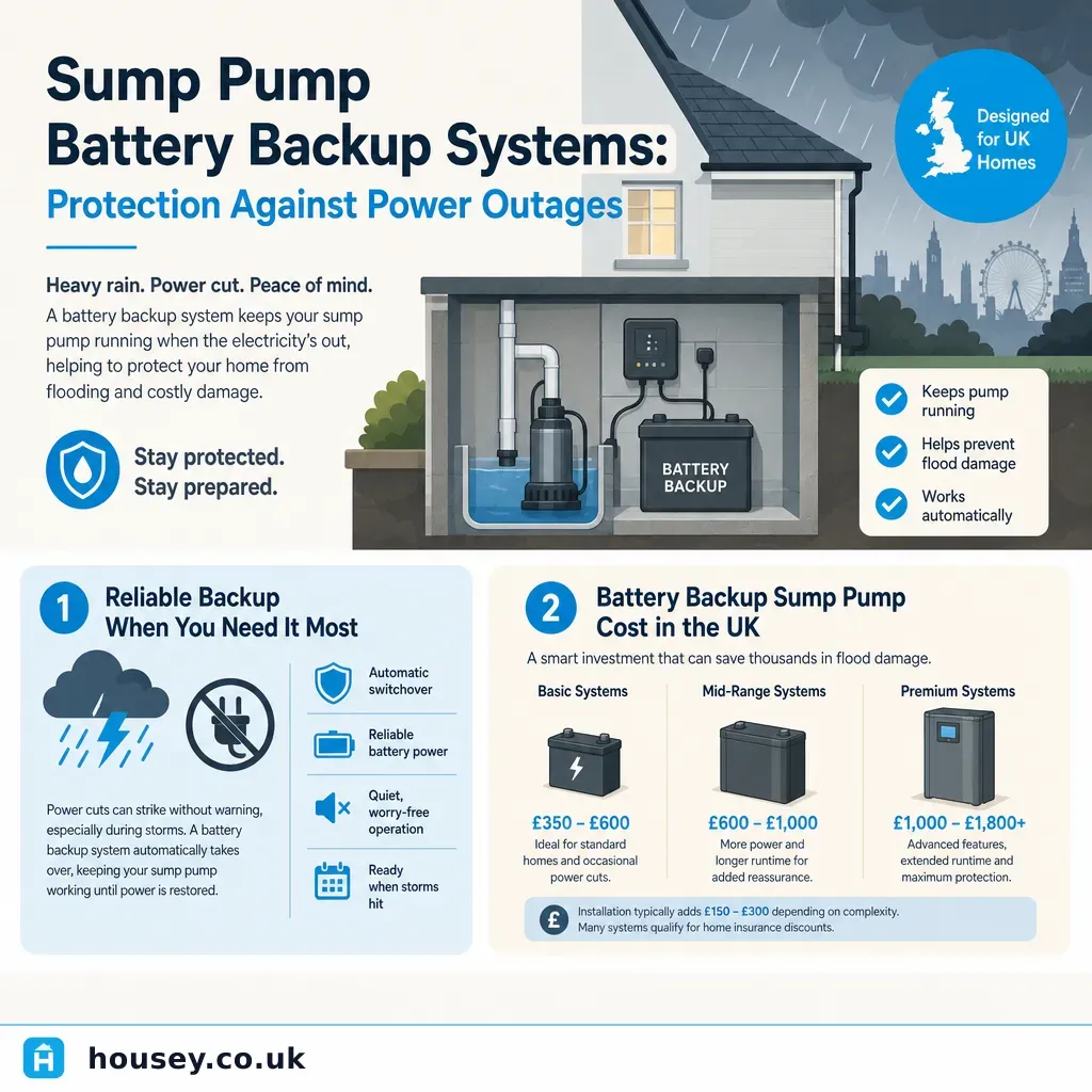 Infographic illustrating: Sump Pump Battery Backup Systems: Protection Against Power Outages