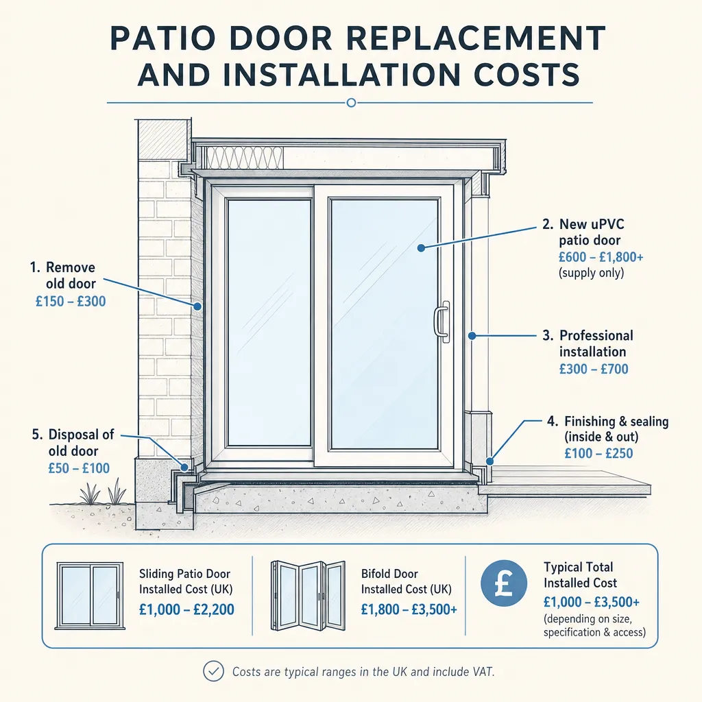 Diagram illustrating: Patio Door Replacement and Installation Costs