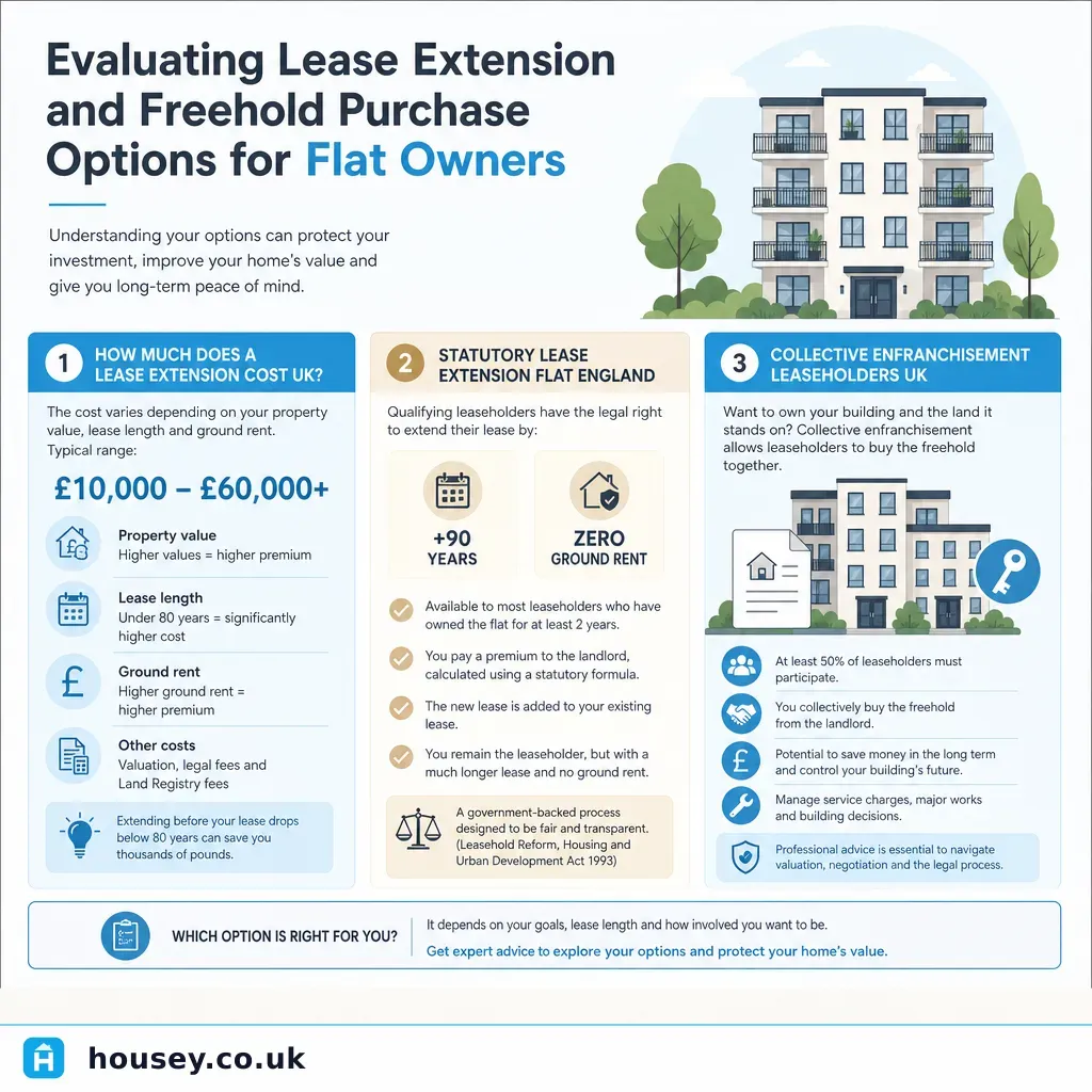 Infographic illustrating: Evaluating Lease Extension and Freehold Purchase Options for Flat Owners