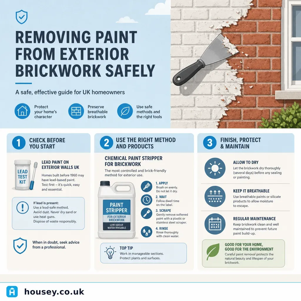 Infographic illustrating: Removing Paint from Exterior Brickwork Safely