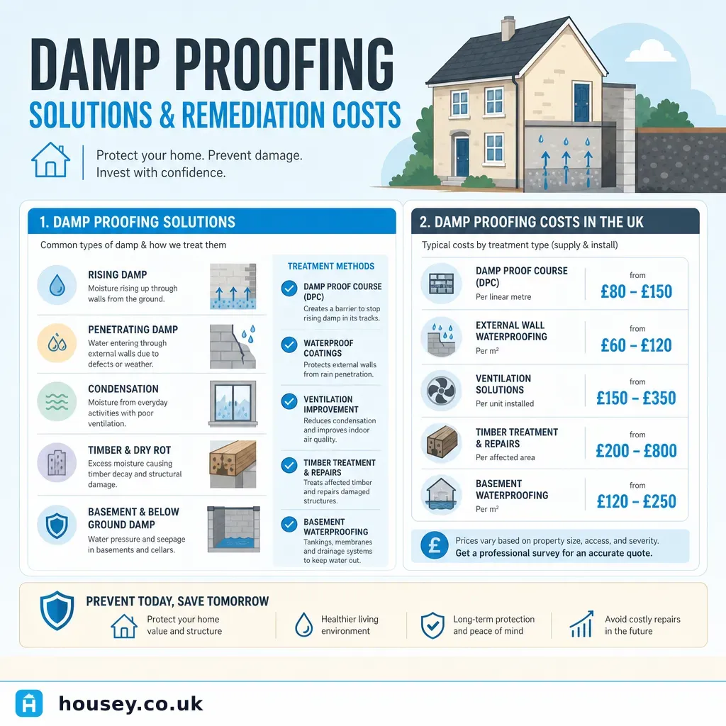 Infographic illustrating: Damp Proofing Solutions and Remediation Costs