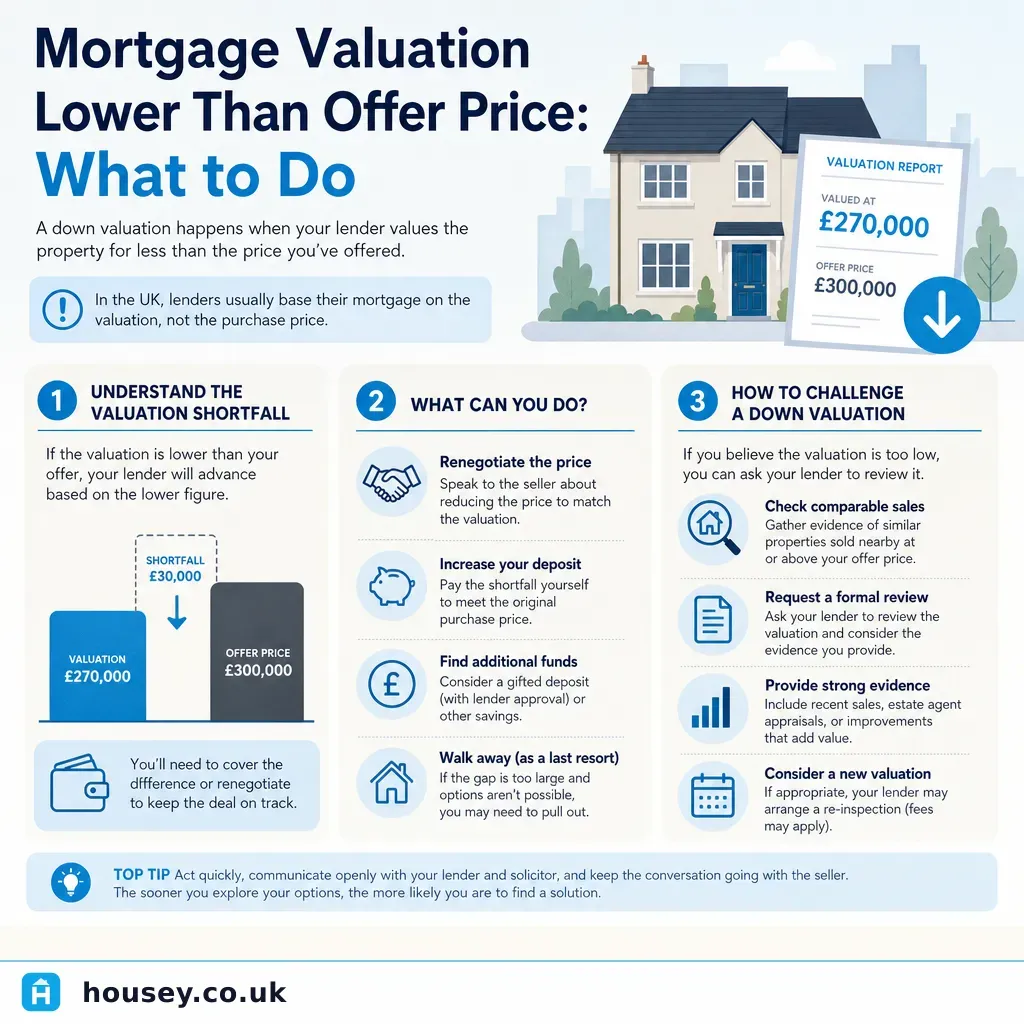 Infographic illustrating: Mortgage Valuation Lower Than Offer Price: What to Do