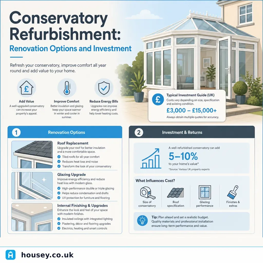 Infographic illustrating: Conservatory Refurbishment: Renovation Options and Investment