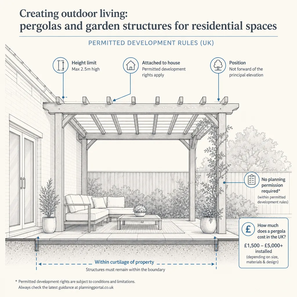 Diagram illustrating: Creating outdoor living: pergolas and garden structures for residential spaces