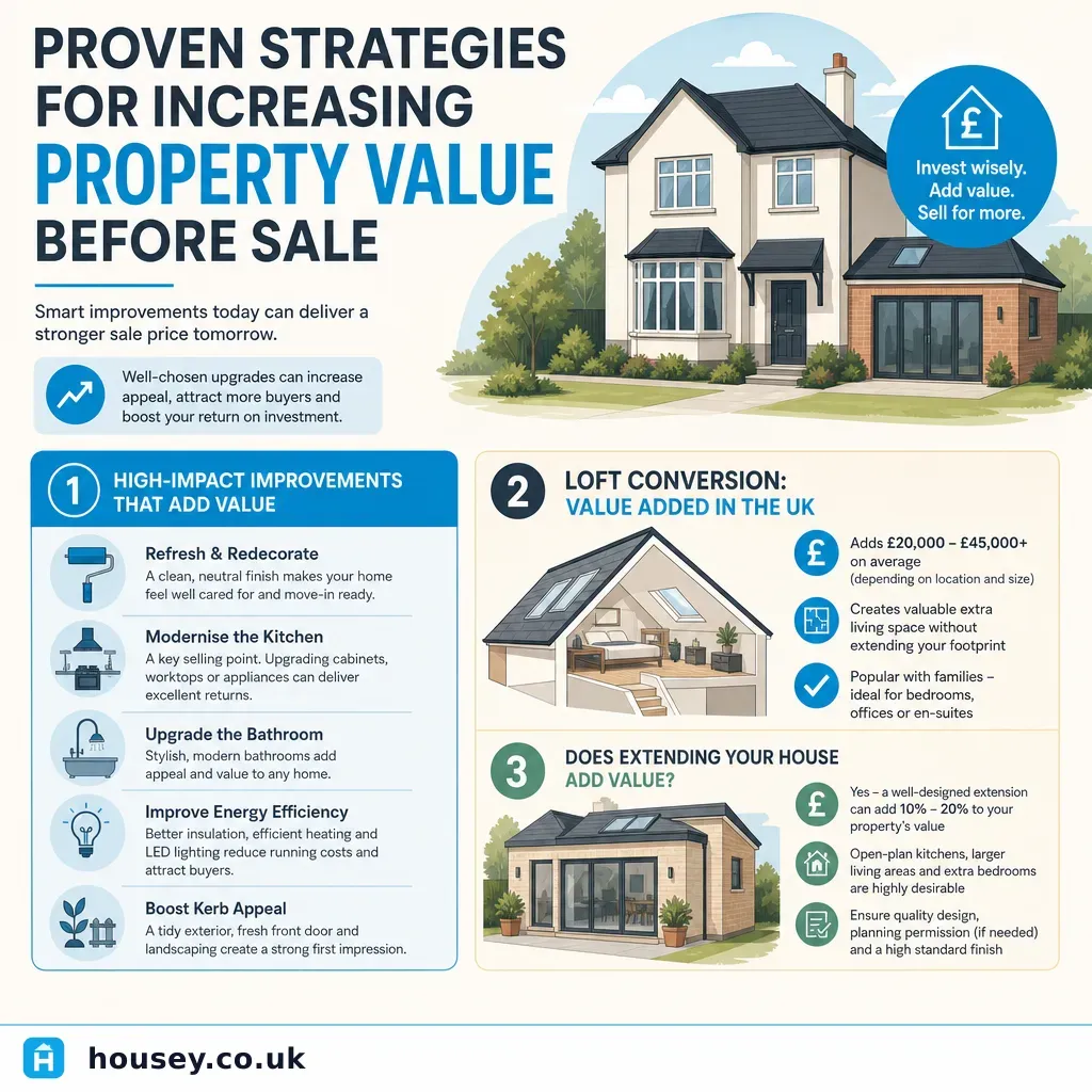 Infographic illustrating: Proven Strategies for Increasing Property Value Before Sale