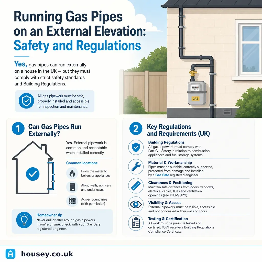 Infographic illustrating: Running Gas Pipes on an External Elevation: Safety and Regulations