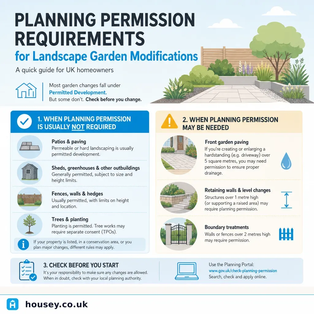 Infographic illustrating: Planning Permission Requirements for Landscape Garden Modifications