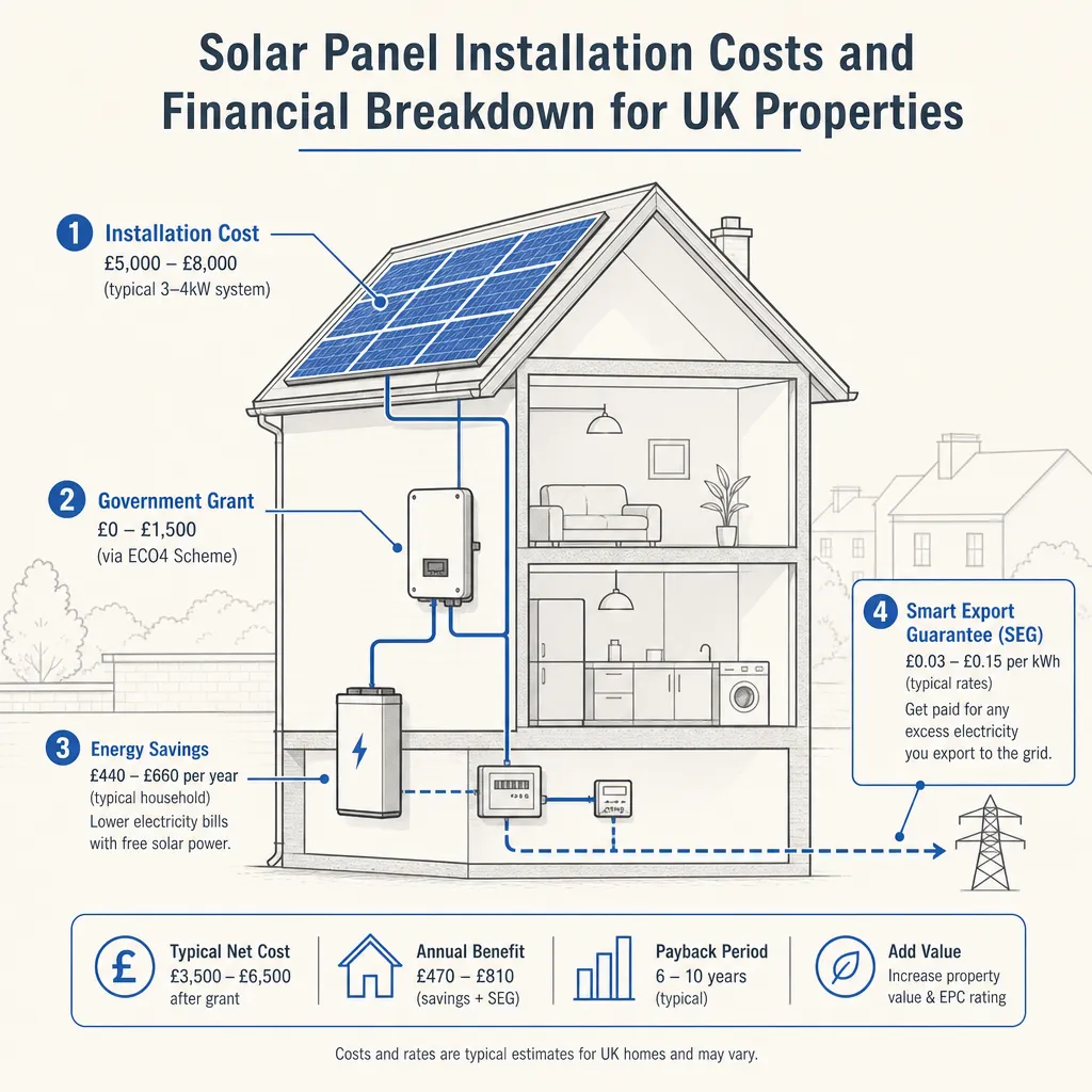 Diagram illustrating: Solar Panel Installation Costs and Financial Breakdown for UK Properties
