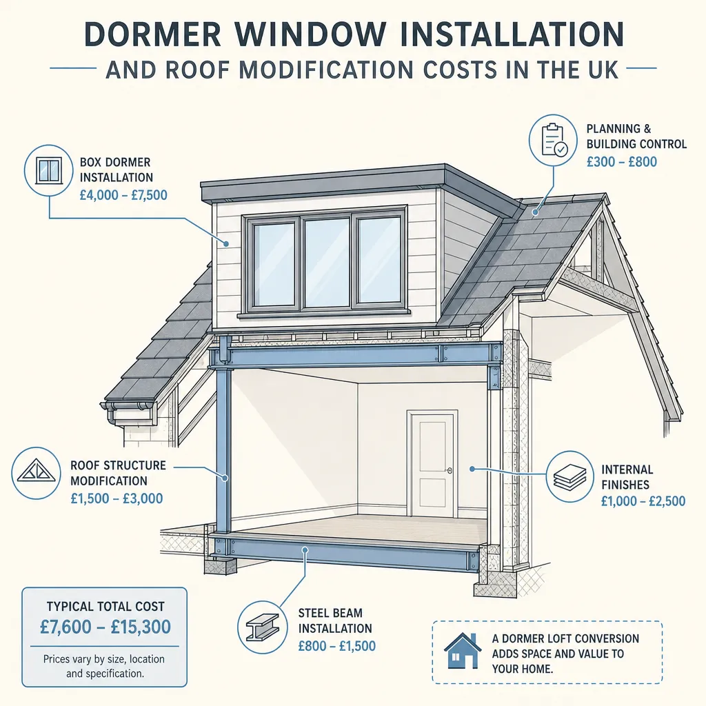 Diagram illustrating: Dormer Window Installation and Roof Modification Costs in the UK