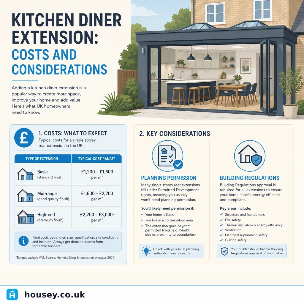 Infographic illustrating: Kitchen Diner Extension: Costs and Considerations