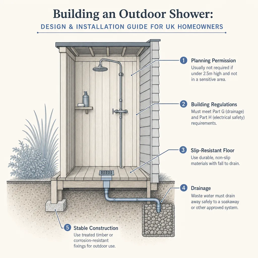 Diagram illustrating: Building an Outdoor Shower: Design and Installation Guide