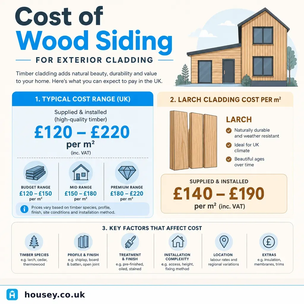 Infographic illustrating: Cost of wood siding for exterior cladding