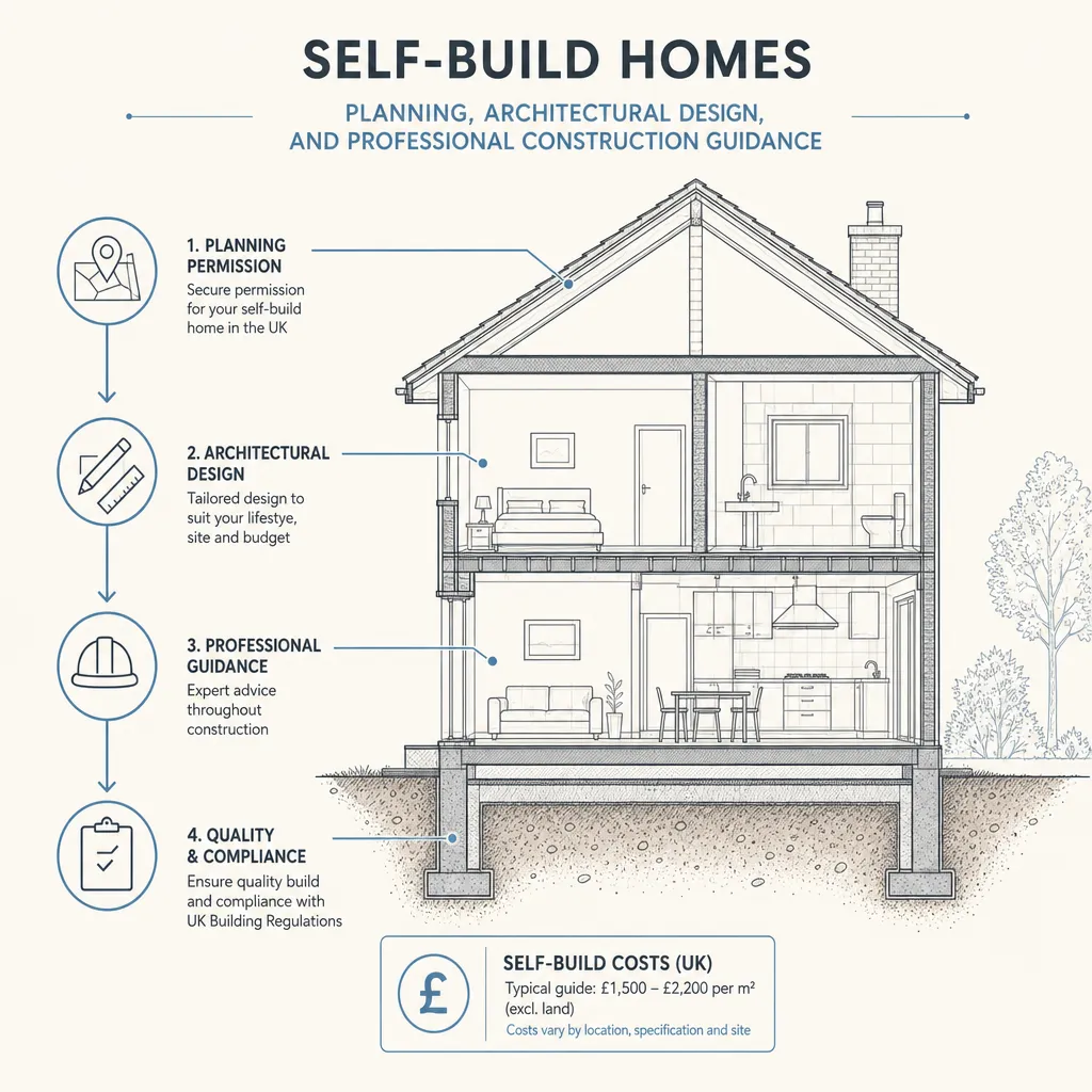 Diagram illustrating: Self-build homes: planning, architectural design, and professional construction guidance