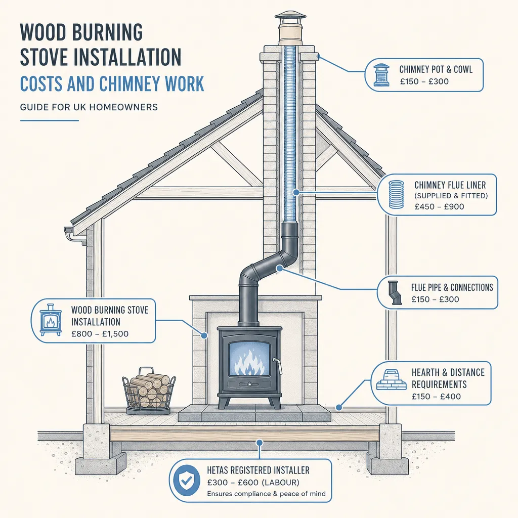 Diagram illustrating: Wood Burning Stove Installation Costs and Chimney Work