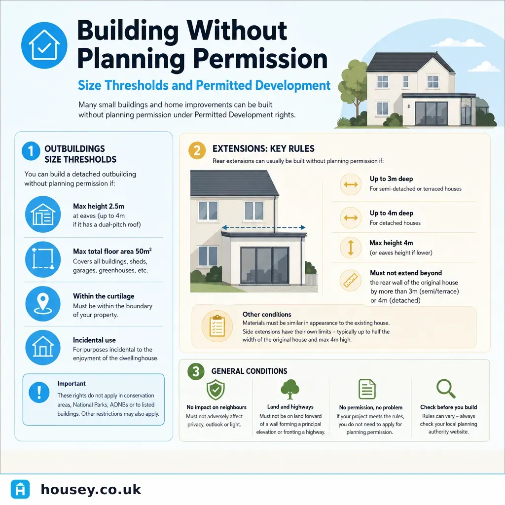 Infographic illustrating: Building Without Planning Permission: Size Thresholds and Permitted Development