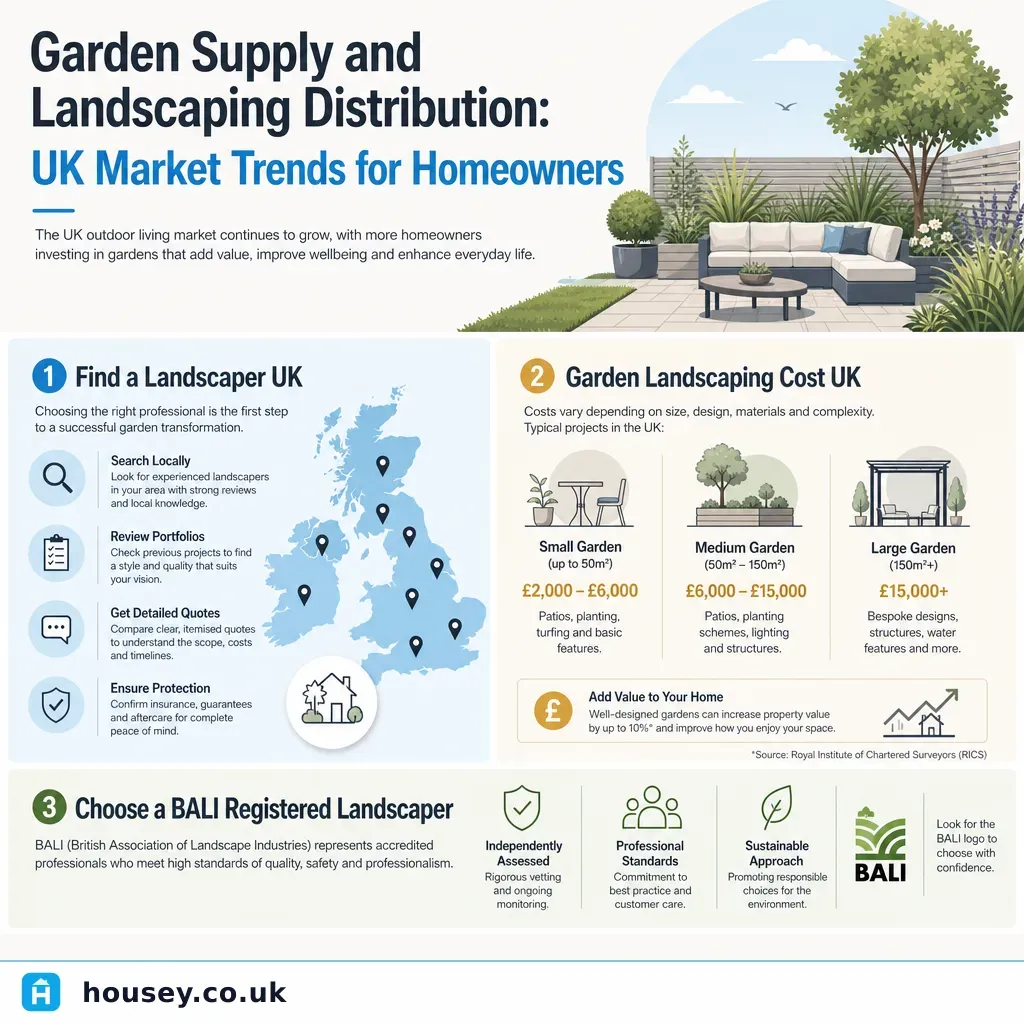 Infographic illustrating: Garden Supply and Landscaping Distribution: UK Market Trends for Homeowners