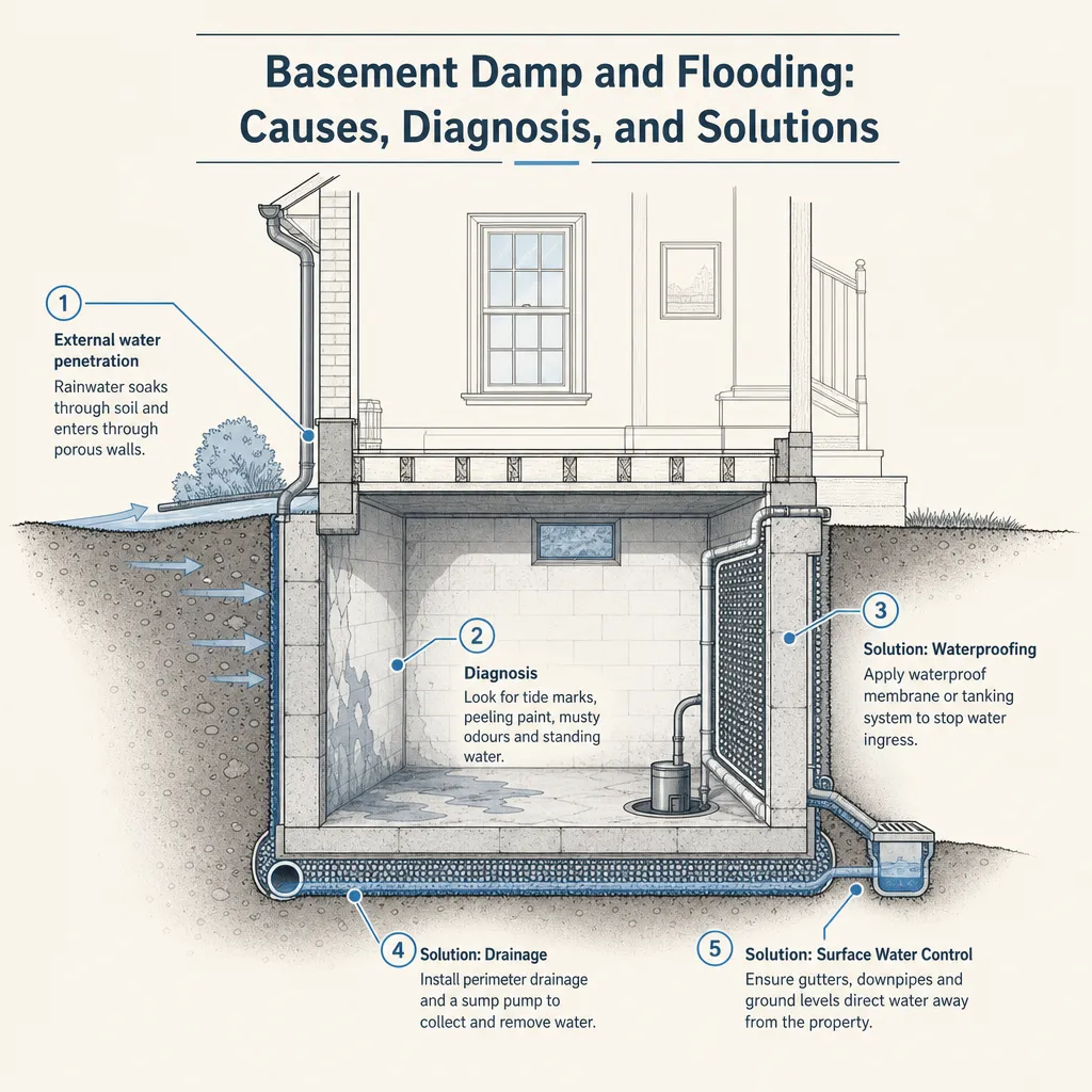 Diagram illustrating: Basement Damp and Flooding: Causes, Diagnosis, and Solutions