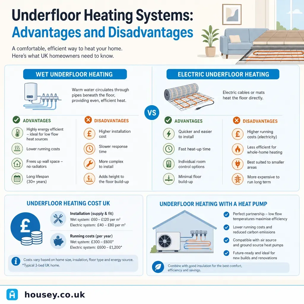 Infographic illustrating: Underfloor Heating Systems: Advantages and Disadvantages