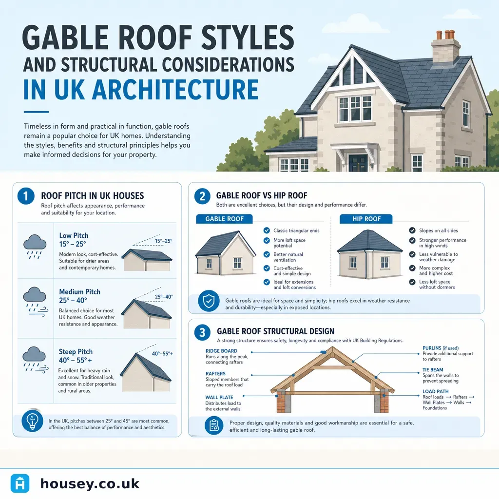 Infographic illustrating: Gable Roof Styles and Structural Considerations in UK Architecture