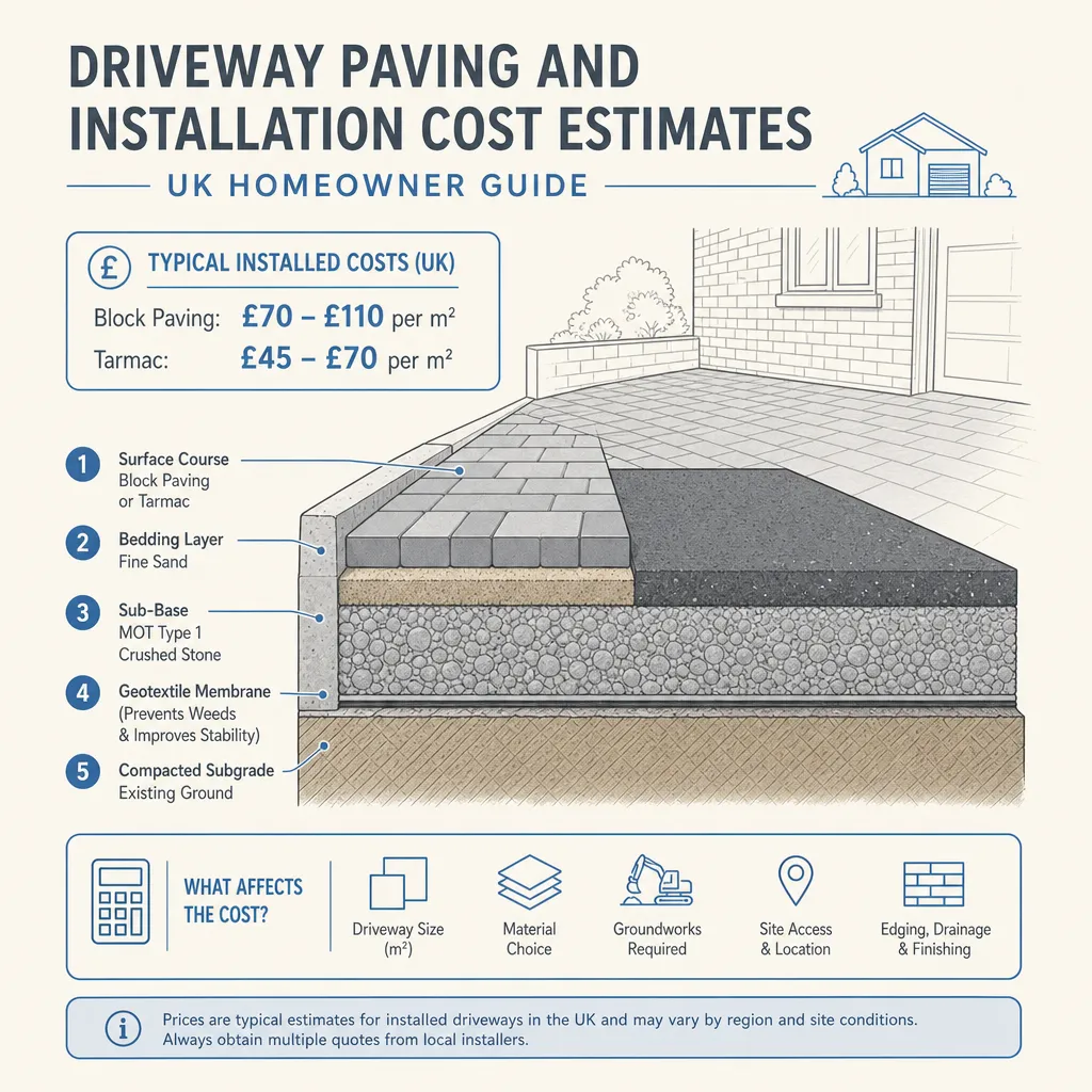 Diagram illustrating: Driveway Paving and Installation Cost Estimates