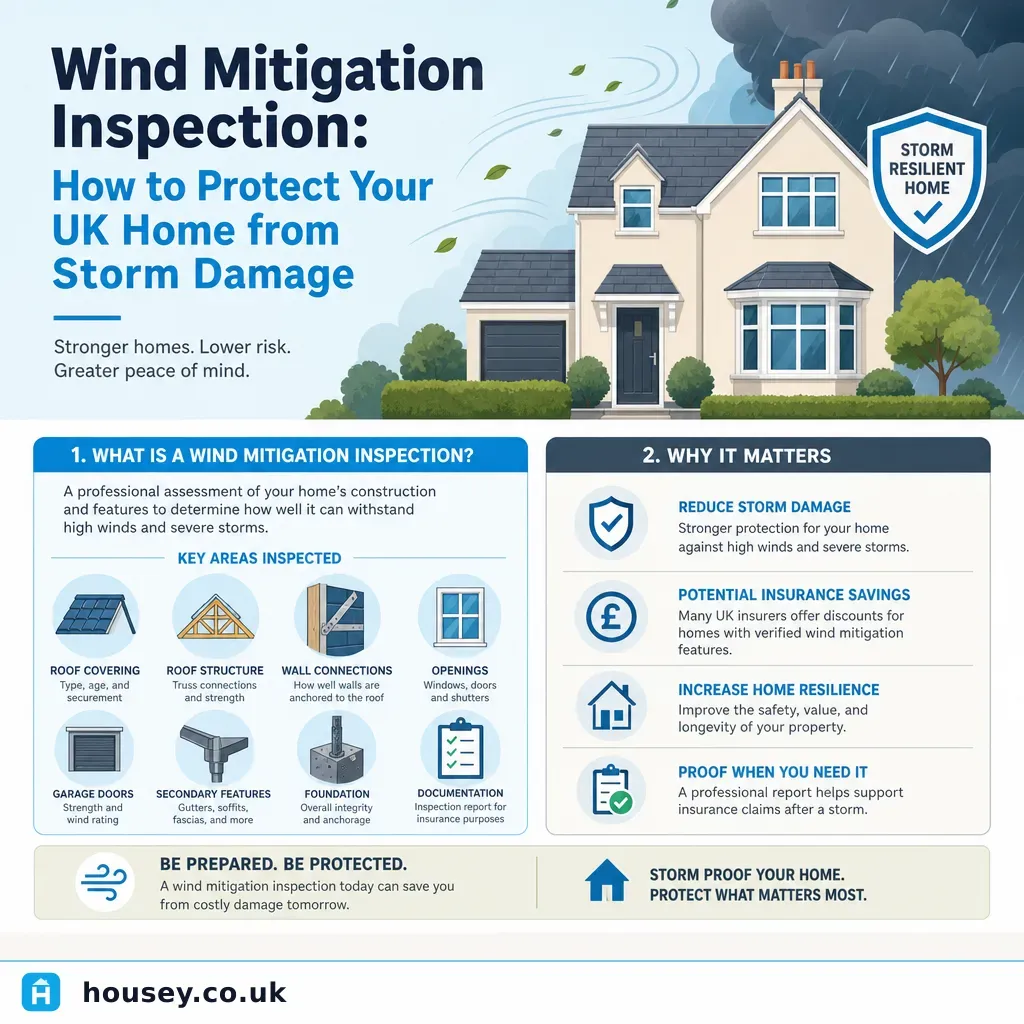 Infographic illustrating: Wind Mitigation Inspection: How to Protect Your UK Home from Storm Damage