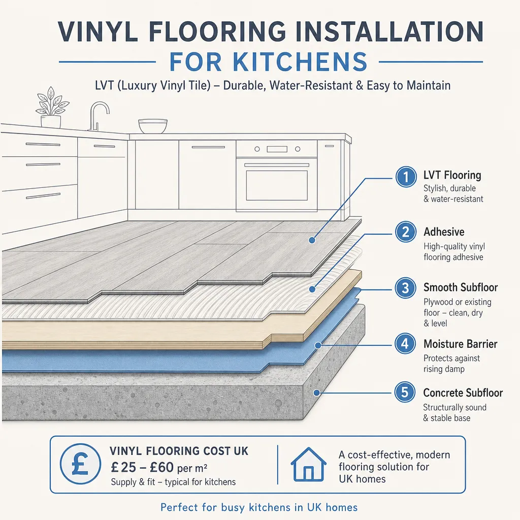 Diagram illustrating: Vinyl Flooring Installation for Kitchens