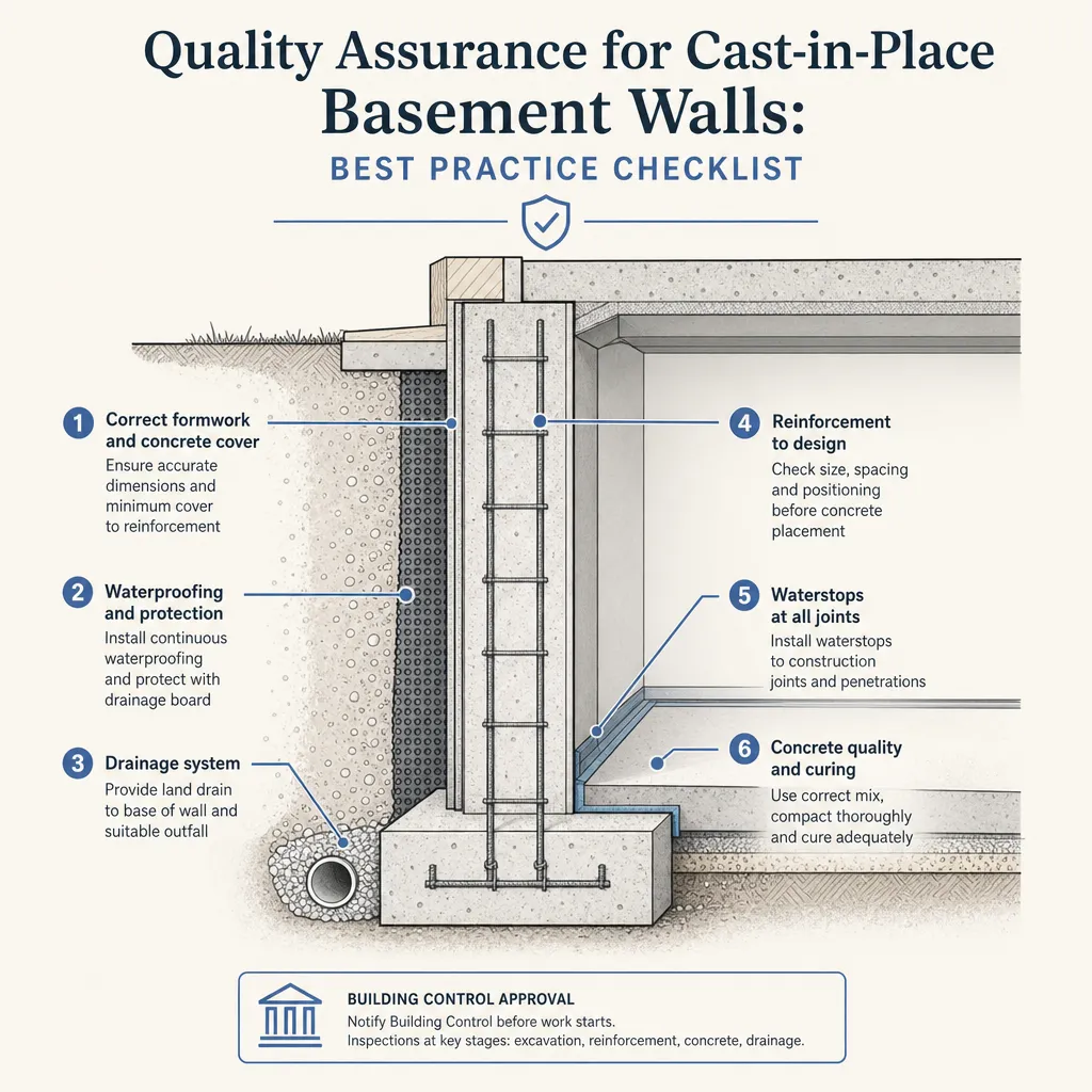 Diagram illustrating: Quality Assurance for Cast-in-Place Basement Walls: Best Practice Checklist