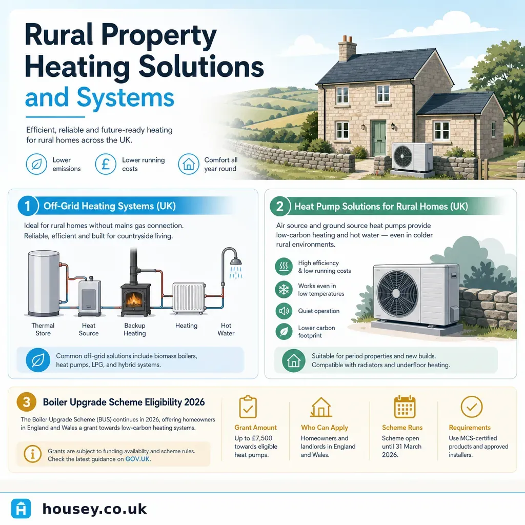 Infographic illustrating: Rural Property Heating Solutions and Systems