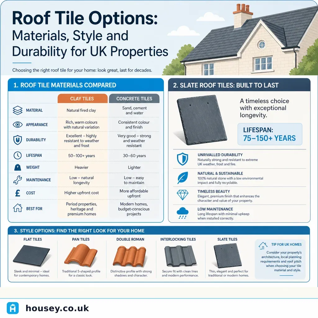 Infographic illustrating: Roof Tile Options: Materials, Style and Durability for UK Properties