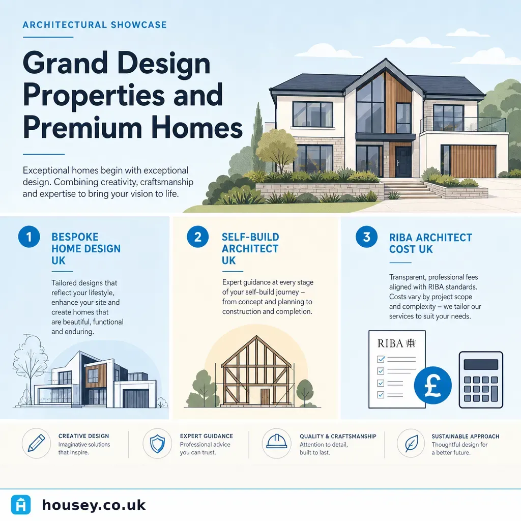 Infographic illustrating: Architectural Showcase: Grand Design Properties and Premium Homes