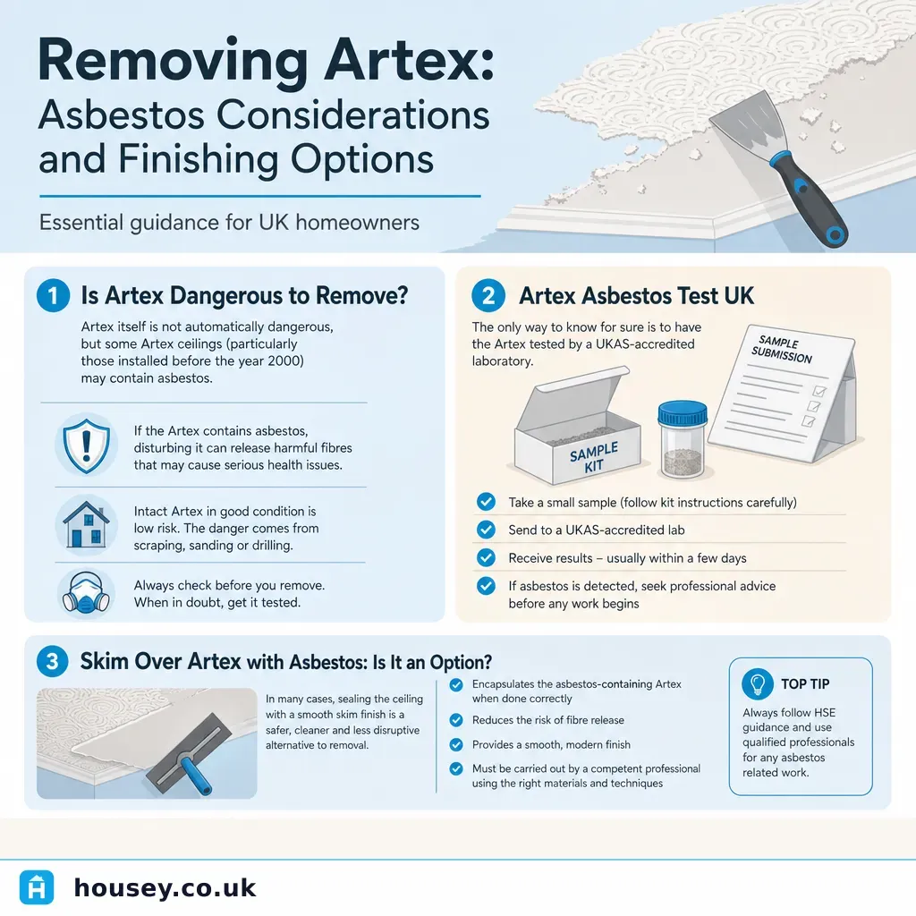 Infographic illustrating: Removing Artex: Asbestos Considerations and Finishing Options