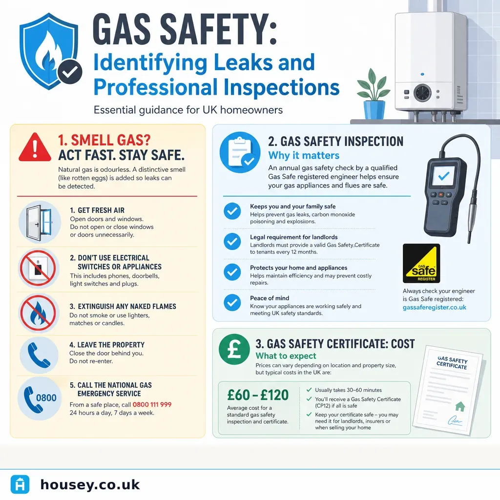 Infographic illustrating: Gas Safety: Identifying Leaks and Professional Inspections