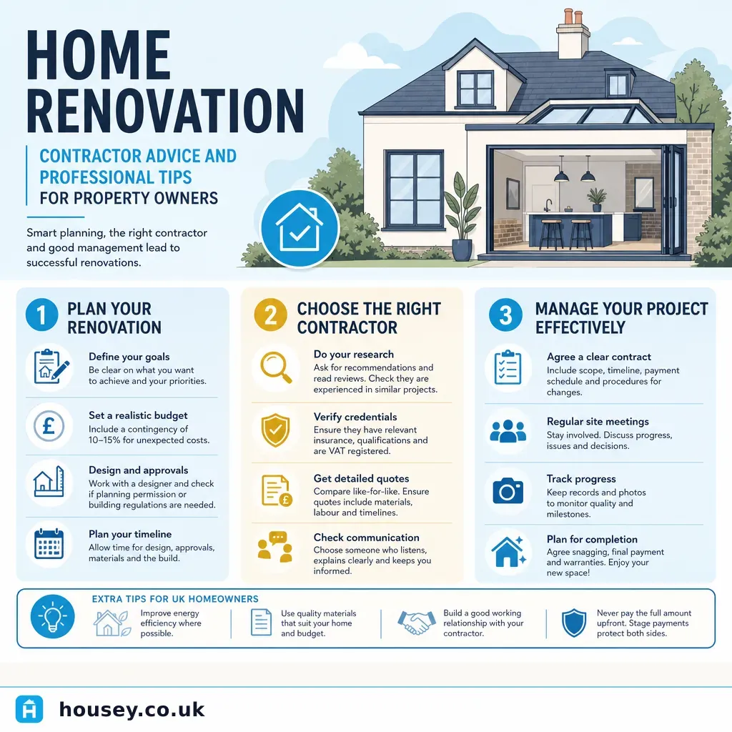 Infographic illustrating: Home Renovation: Contractor Advice and Professional Tips for Property Owners