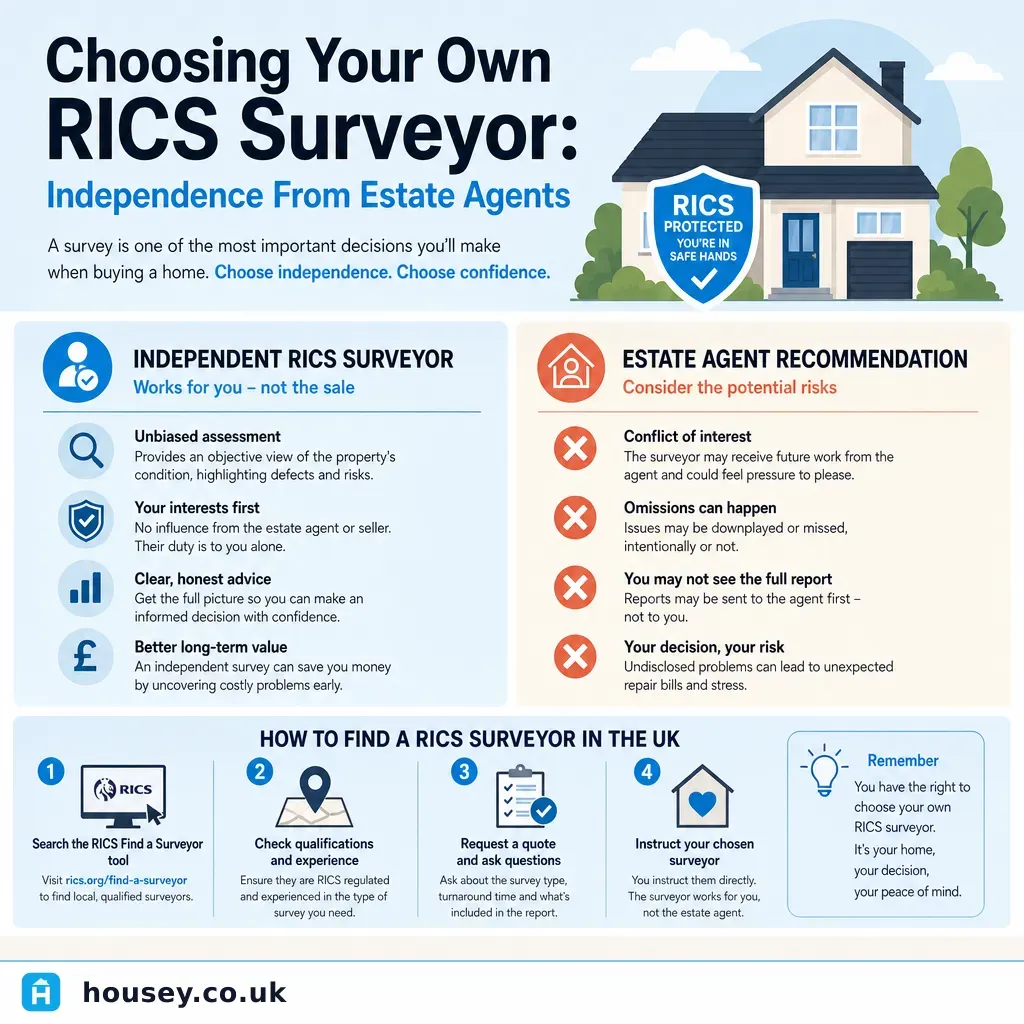 Infographic illustrating: Choosing Your Own RICS Surveyor: Independence From Estate Agents