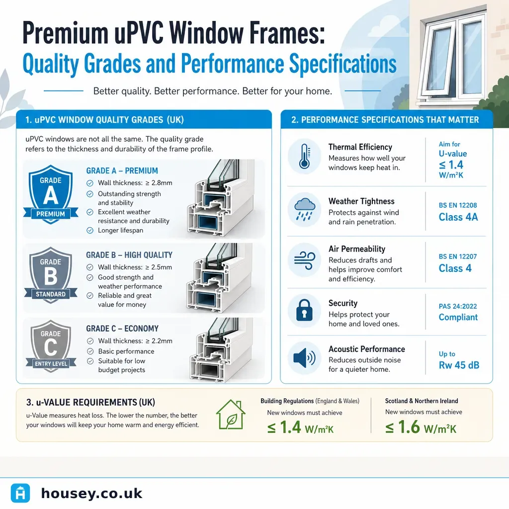 Infographic illustrating: Premium uPVC Window Frames: Quality Grades and Performance Specifications