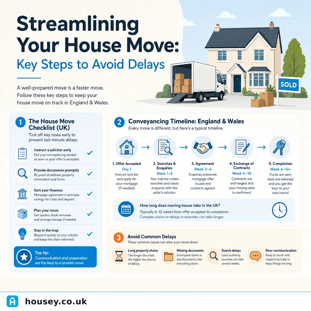 Infographic illustrating: Streamlining Your House Move: Key Steps to Avoid Delays