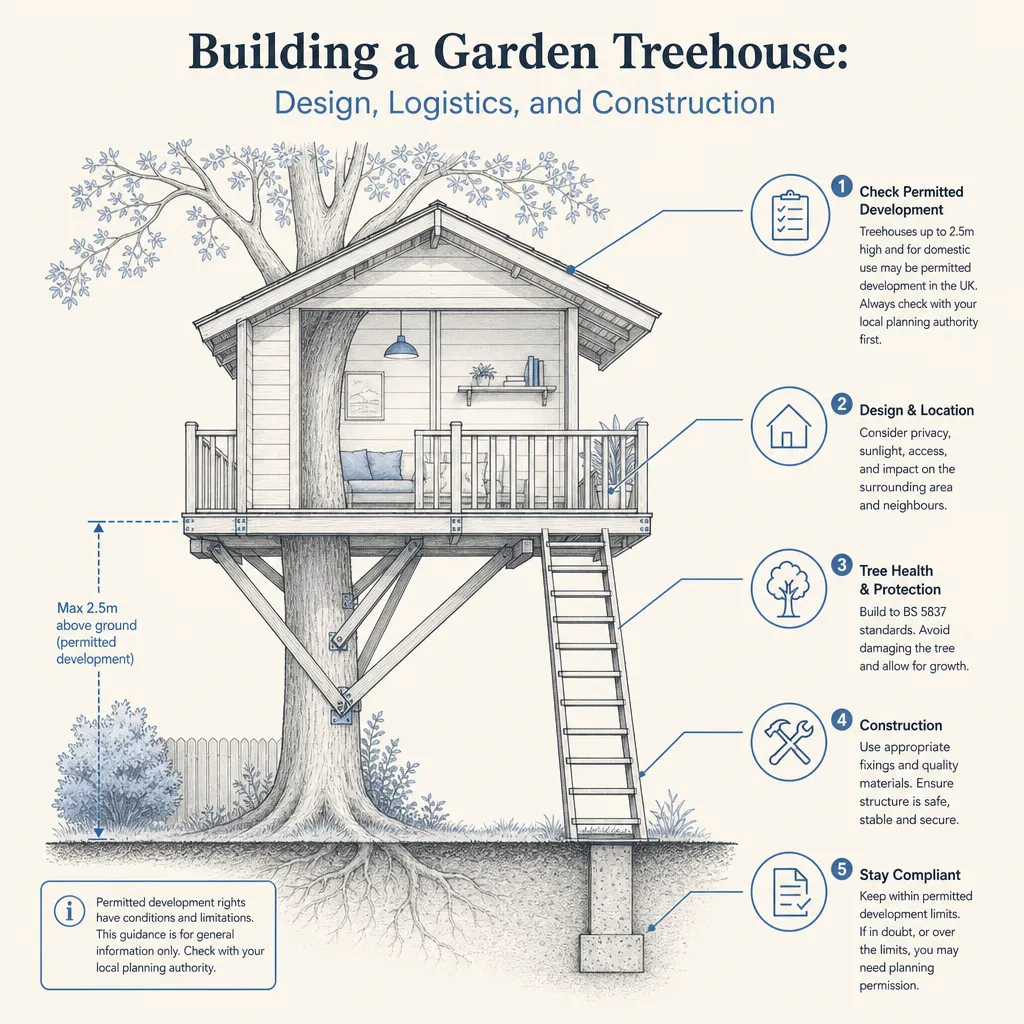 Diagram illustrating: Building a Garden Treehouse: Design, Logistics, and Construction