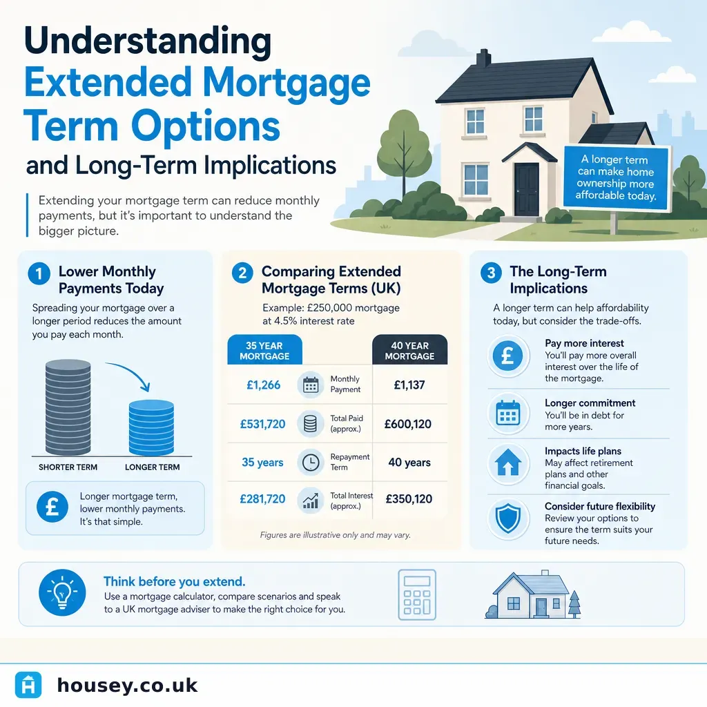 Infographic illustrating: Understanding Extended Mortgage Term Options and Long-Term Implications