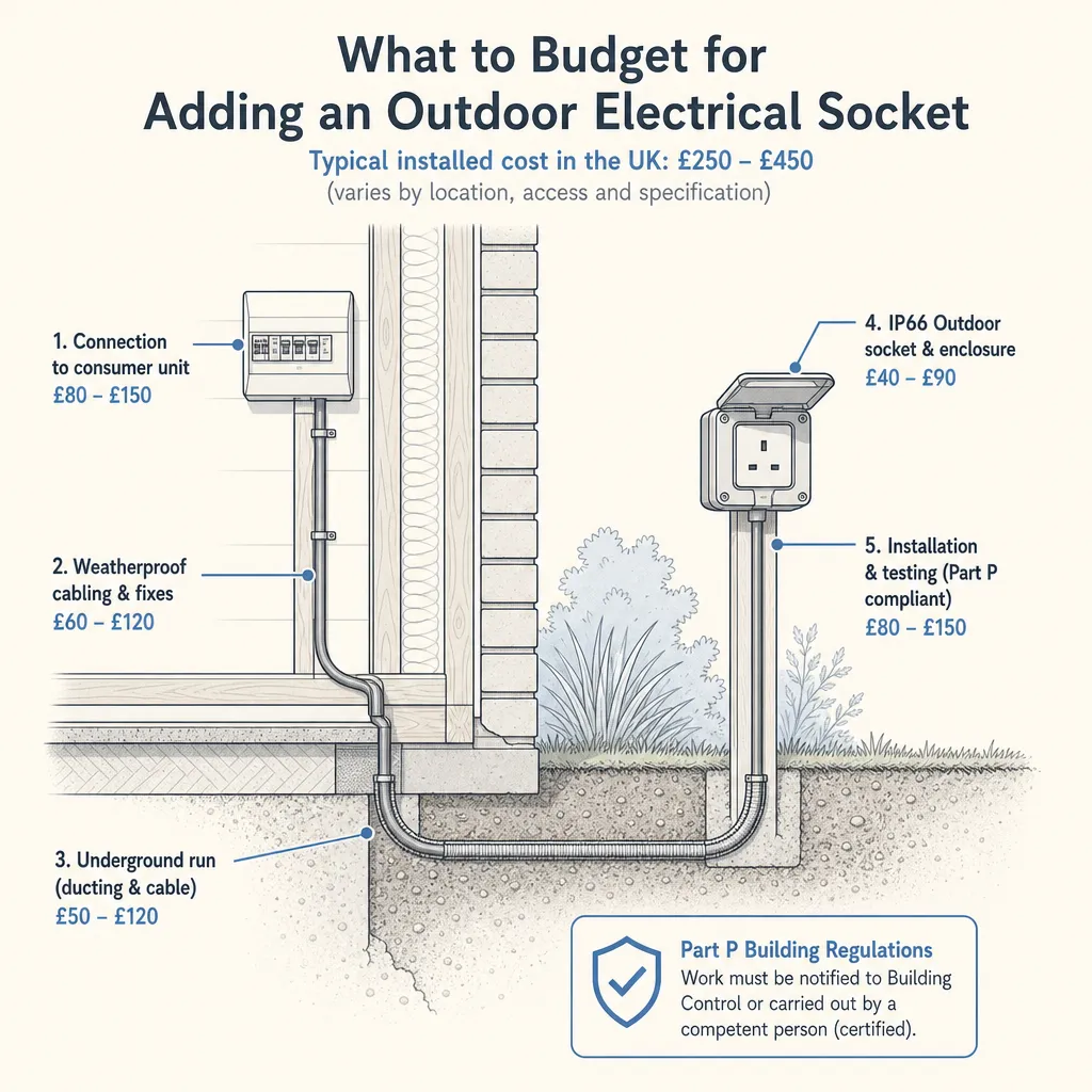 Diagram illustrating: What to Budget for Adding an Outdoor Electrical Socket